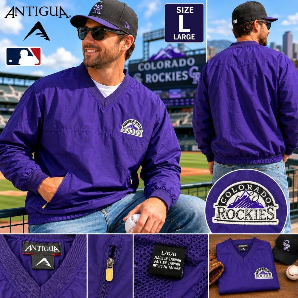 Antigua Colorado Rockies MLB Purple V-Neck Windbreaker Pullover Jacket Mens L